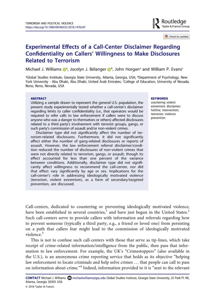 Click image to download article, "Experimental Effects of a Call-Center Disclaimer Regarding Confidentiality on Callers’ Willingness to Make Disclosures Related to Terrorism."