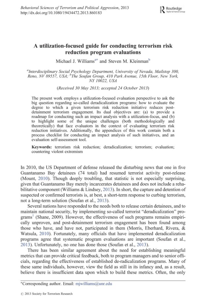 Click image to download article, "A utilization-focused guide for conducting terrorism risk reduction program evaluations."