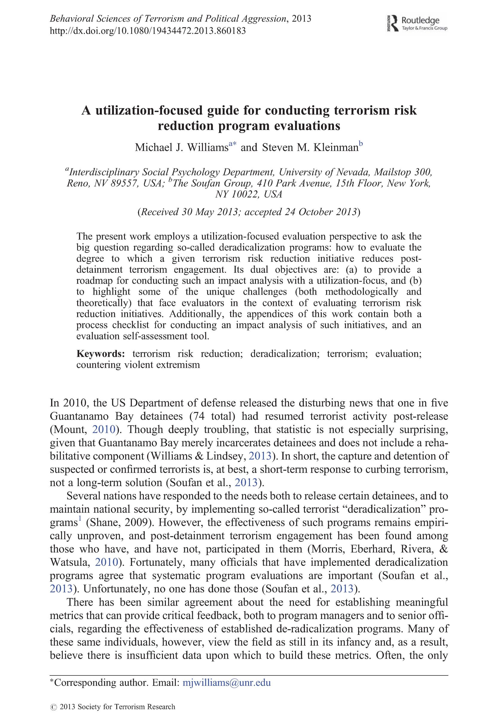 Title page of the article, A Utilization-focused guide for conducting terrorism risk reduction program evaluations